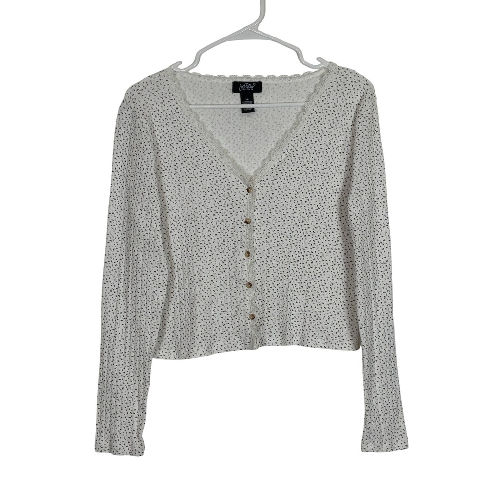 Just Polly Floral Cardigan Top Womens XL White Lace Trim Coquette Cottagecore